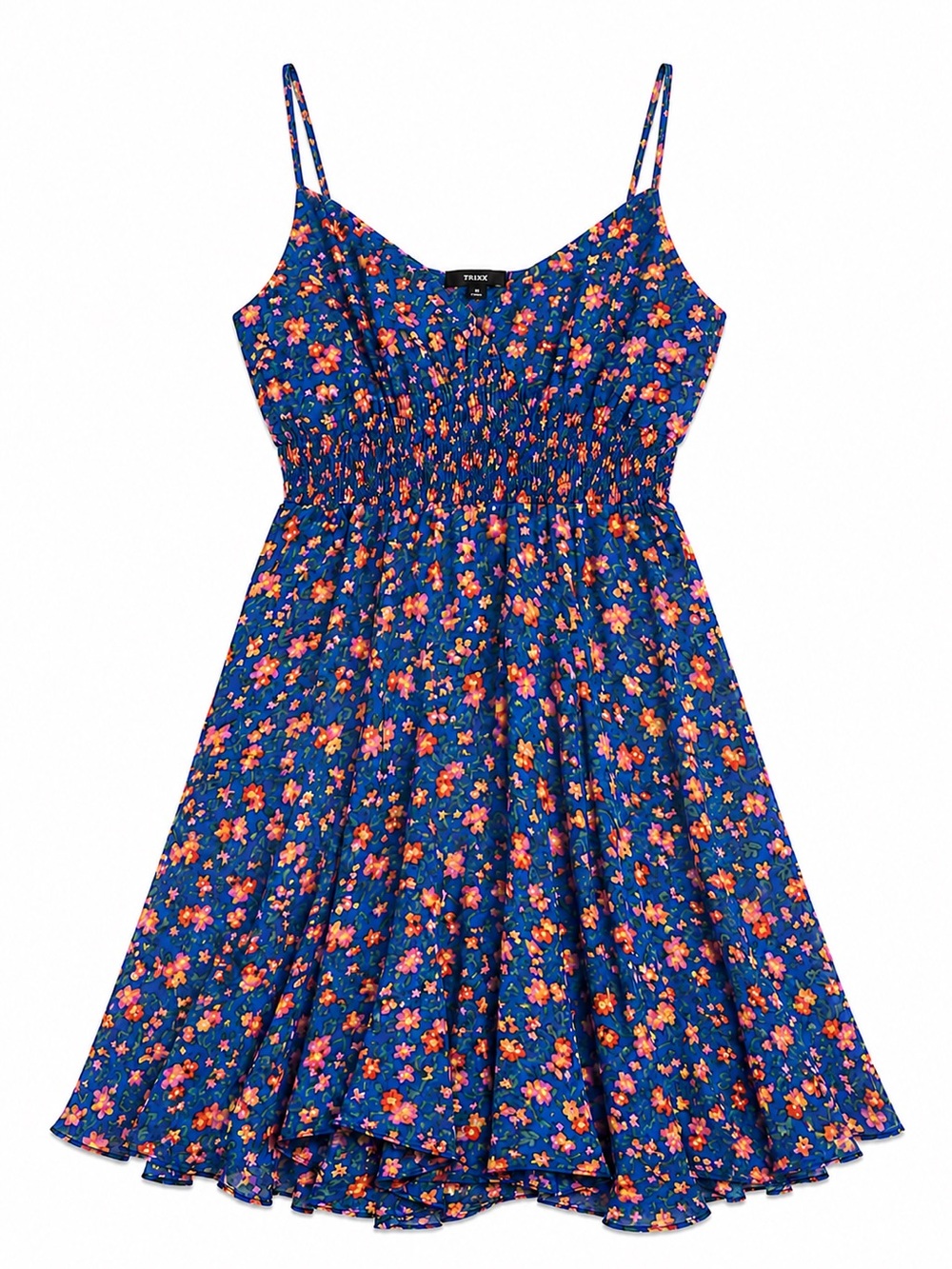 Trixxi Royal Blue Floral Smocked Sundress with Orange & Pink Flowers